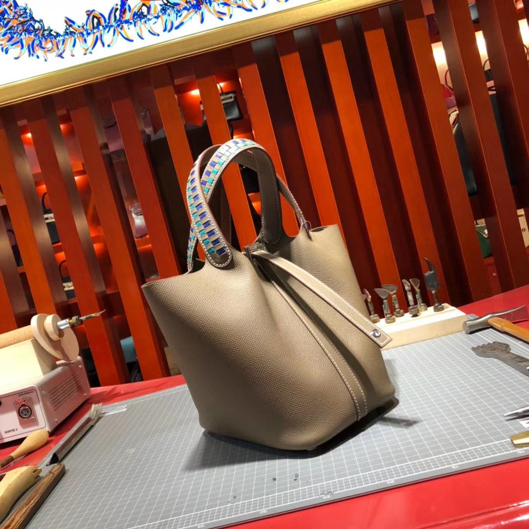 爱马仕菜篮子包 Hermes Picotin18CM 大象灰Epsom牛皮 限量版编织手柄