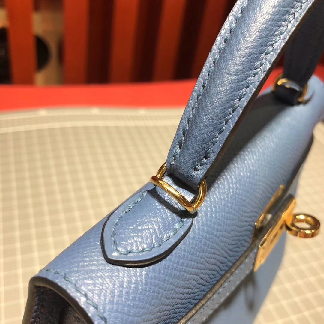 Hermes Minikelly2代 爱马仕玛瑙蓝顶级掌纹牛皮迷你凯莉包2代 金扣