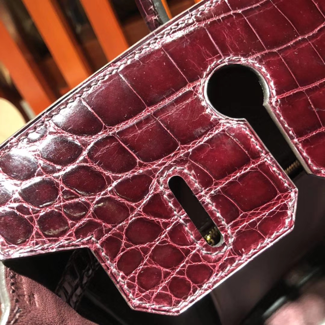 爱马仕新款铂金包 Hermes Birkin30CM 57波尔多酒红亮面鳄鱼皮 金扣