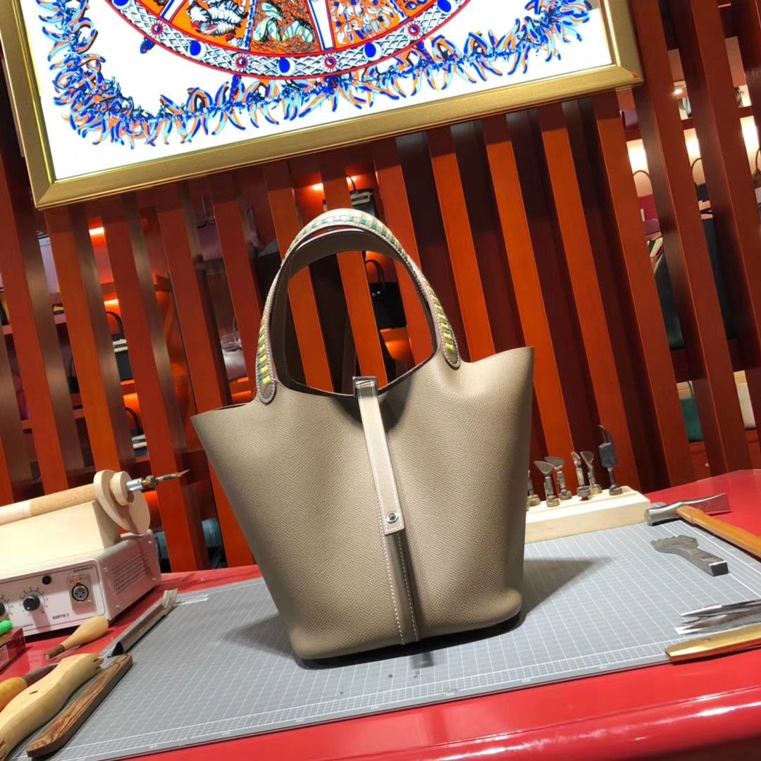 爱马仕菜篮子包 Hermes Picotin22CM 大象灰Epsom牛皮编织手柄水桶包