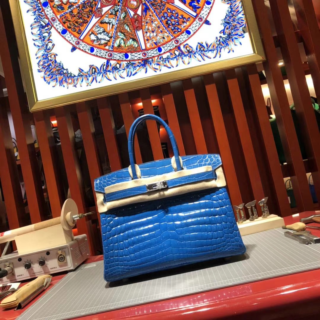 Hermes包包官网 爱马仕7W伊兹密尔蓝亮面鳄鱼皮铂金包Birkin30CM 金扣