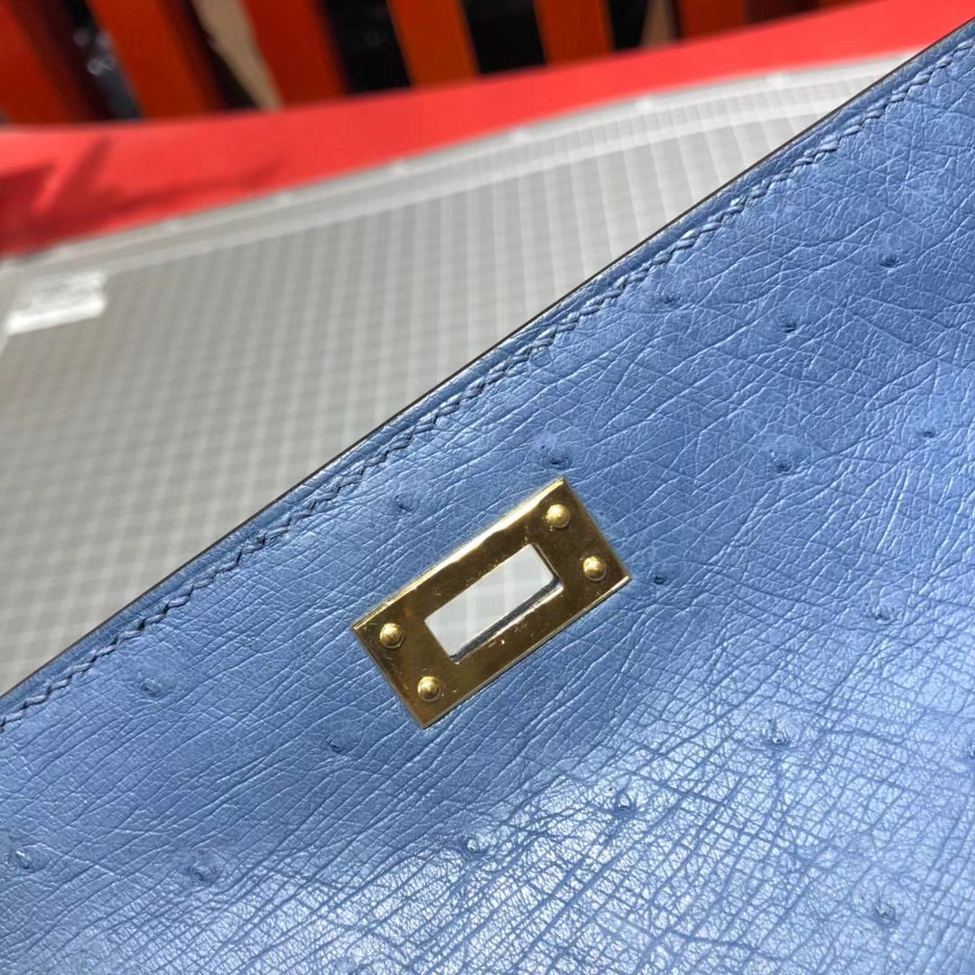 爱马仕晚宴手包 Hermes顶级鸵鸟皮Minikelly迷你凯莉包22cm 玛瑙蓝 金扣