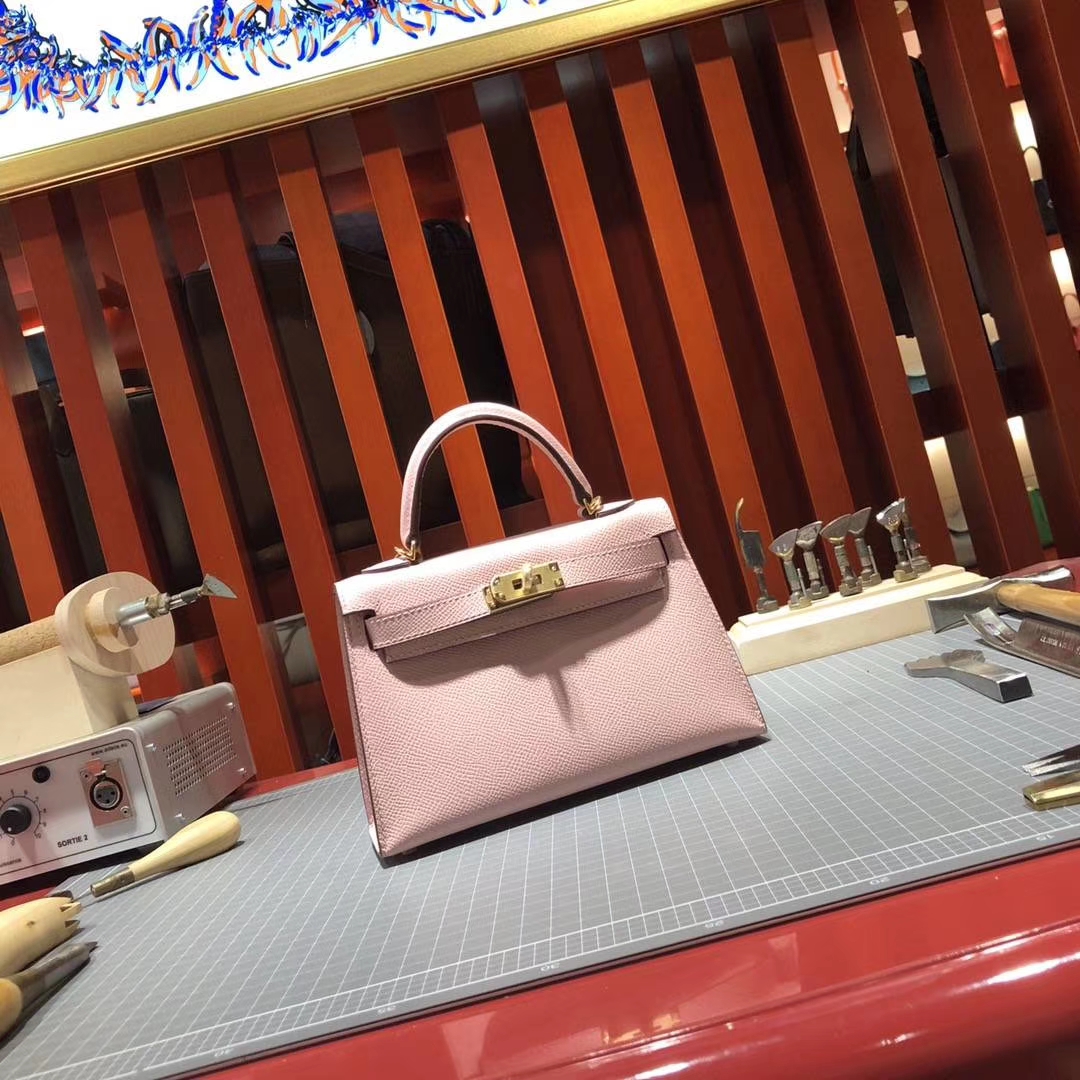 爱马仕迷你凯莉包2代 Hermes Minikelly-2 3Q粉色Epsom牛皮 金扣