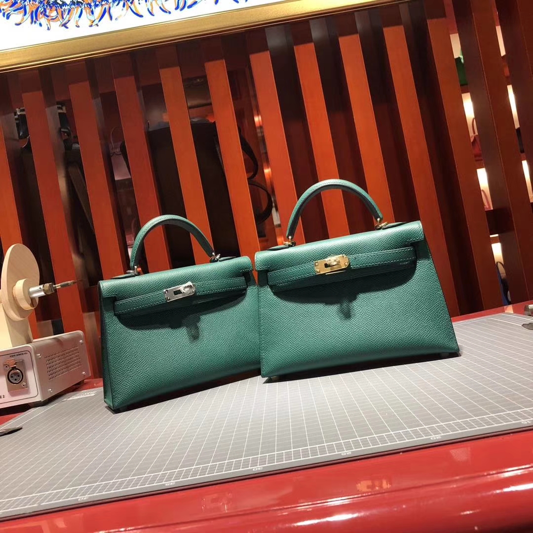 Hermes Minikelly2代 爱马仕原厂Epsom牛皮迷你凯莉包19CM 孔雀绿 银扣