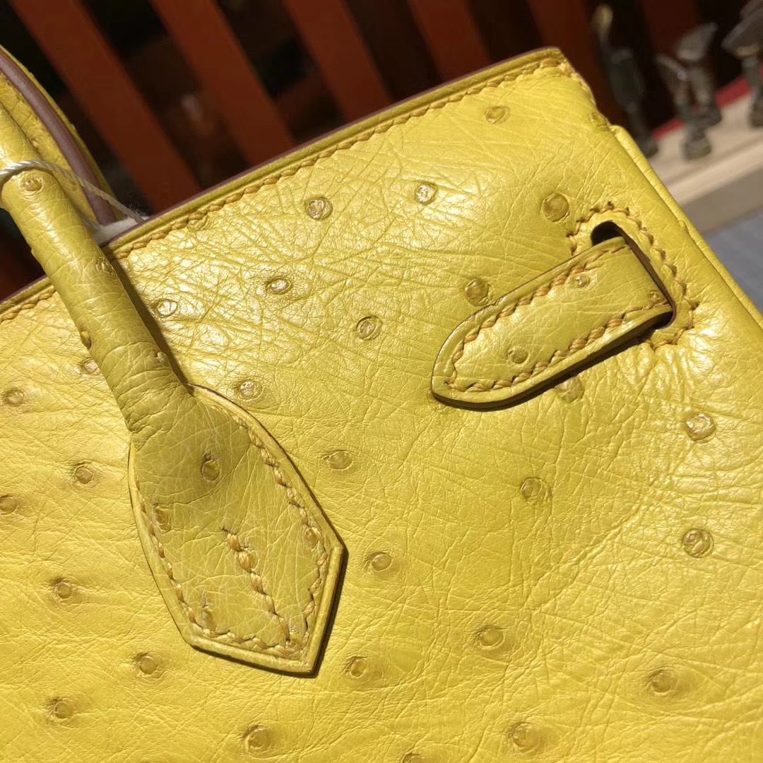 爱马仕Birkin25铂金包 Hermes柠檬黄顶级KK鸵鸟皮铂金包 金扣