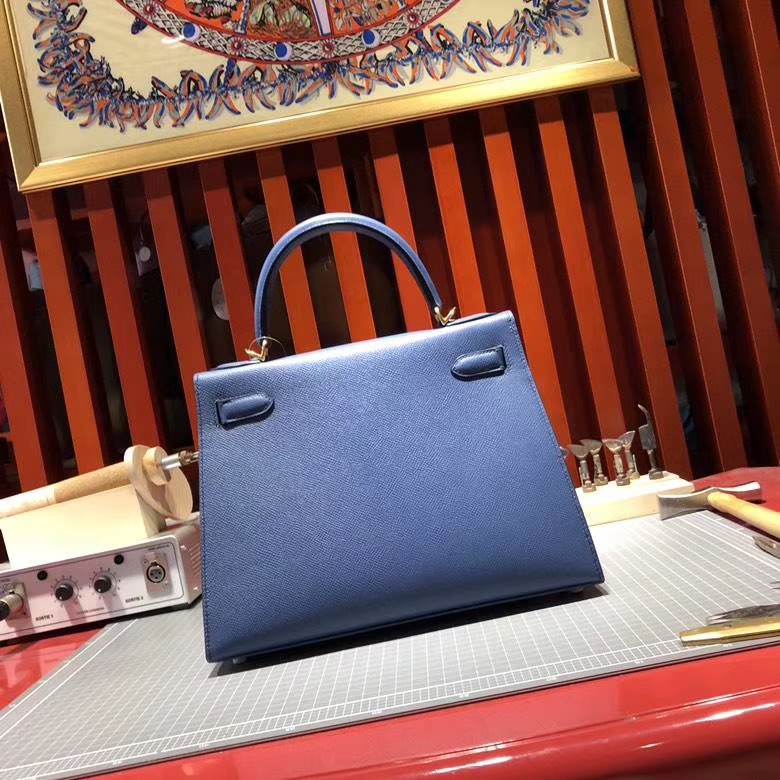 爱马仕凯莉包价格 Hermes Kelly28cm R2玛瑙蓝epsom牛皮 配限量款编织肩带