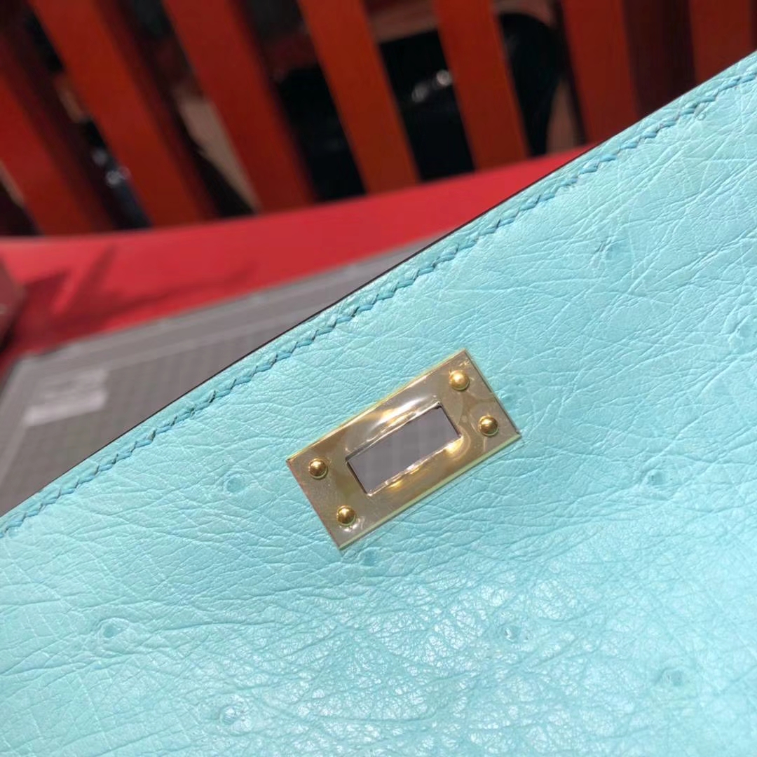 顶级工艺 Hermes爱马仕原厂鸵鸟皮Minikelly迷你凯莉包22cm 3P马卡龙蓝 金扣