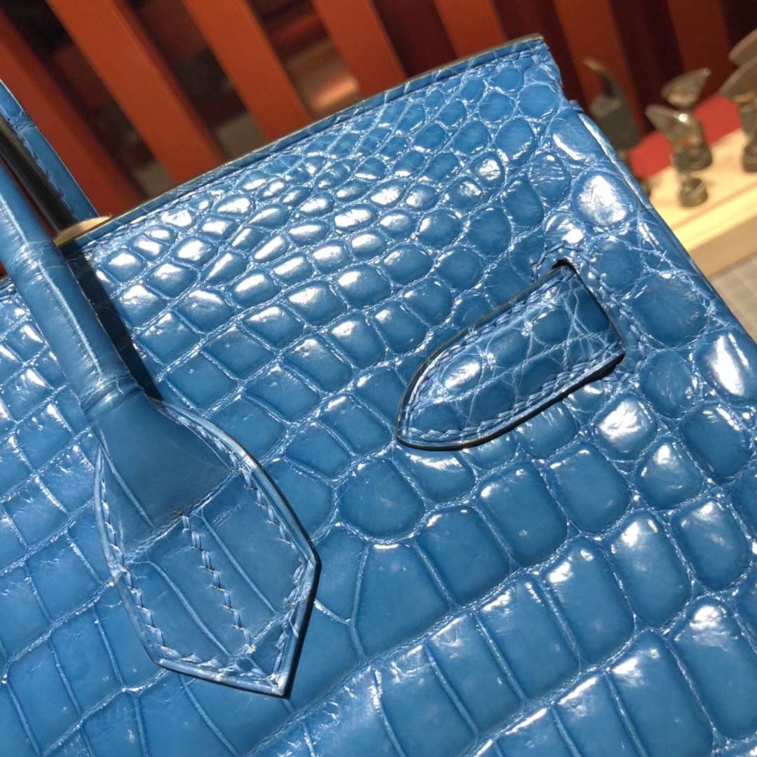 Hermes包包官网 爱马仕7W伊兹密尔蓝亮面鳄鱼皮铂金包Birkin30CM 金扣