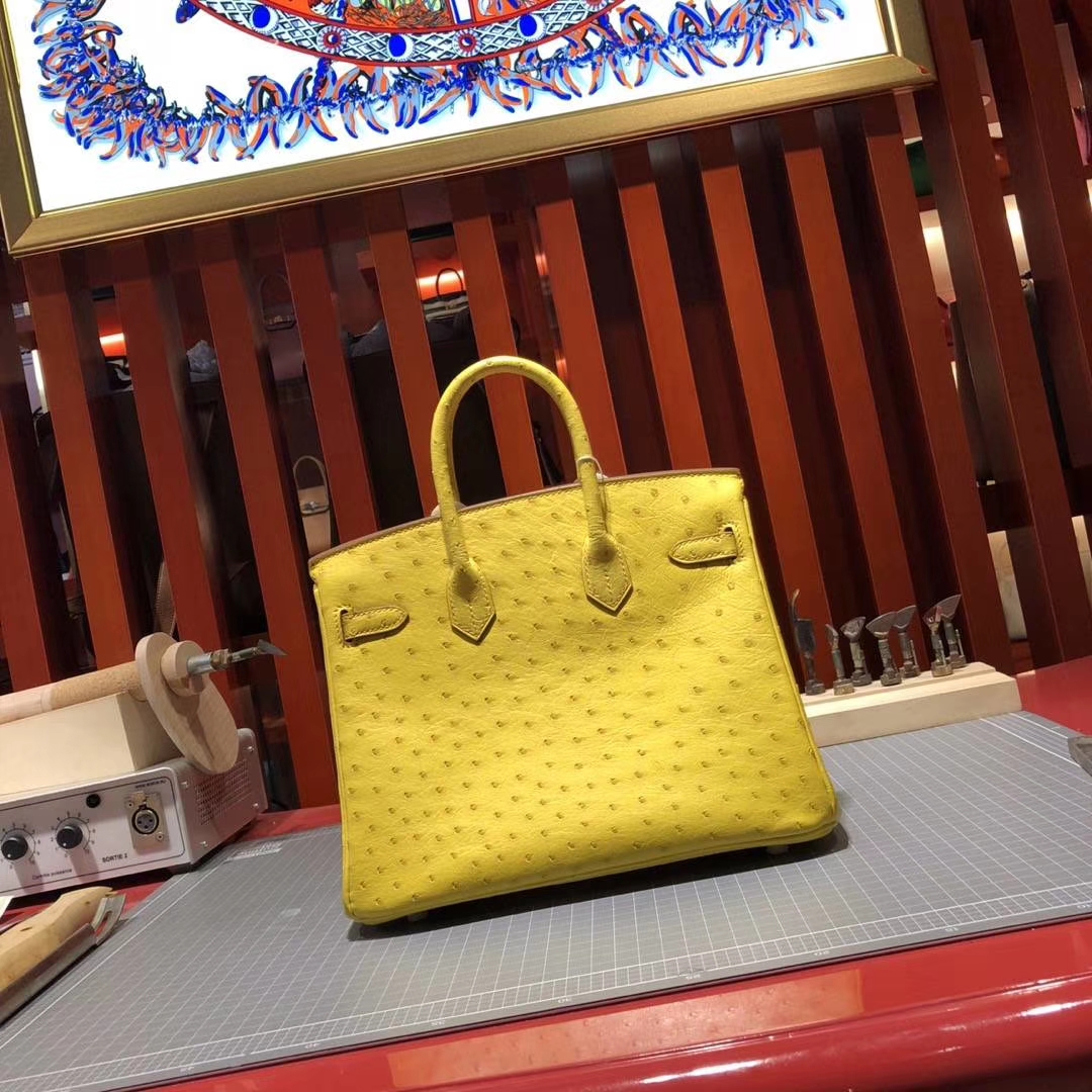 爱马仕Birkin25铂金包 Hermes柠檬黄顶级KK鸵鸟皮铂金包 金扣