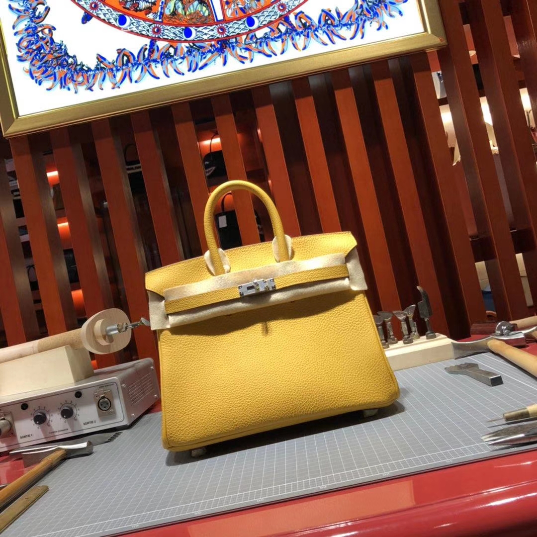 爱马仕Birkin包包 Hermes原厂Togo牛皮铂金包25CM 9D琥珀黄 银扣