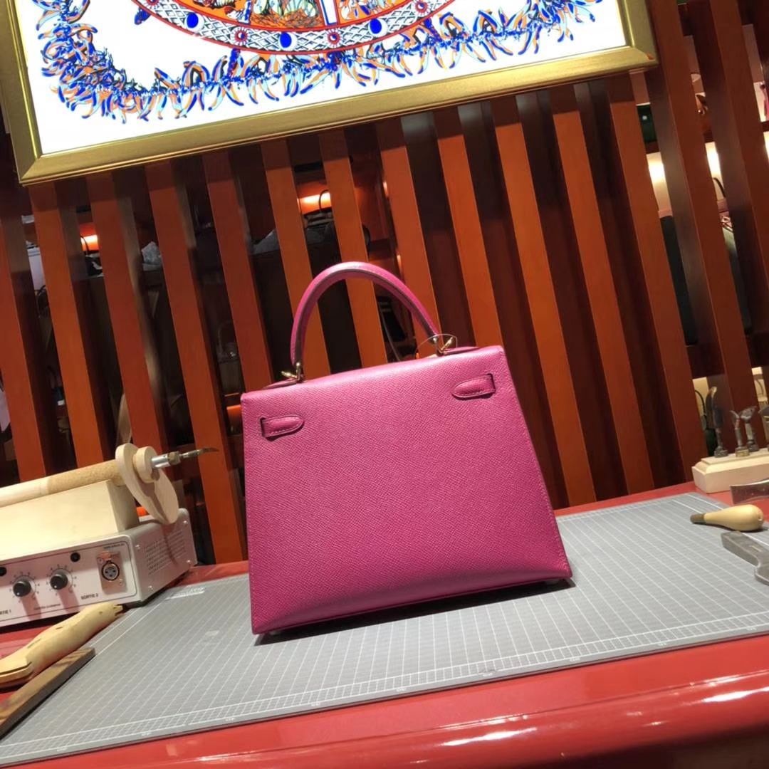 厂家直销 Hermes爱马仕玫瑰紫原厂Epsom牛皮凯莉包Kelly25CM 金扣