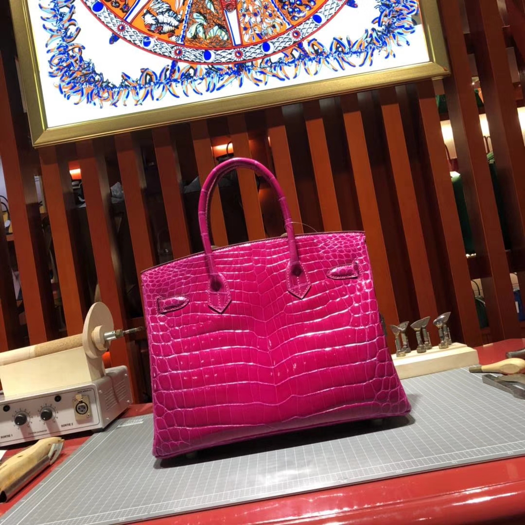 爱马仕铂金包尺寸 Hermes亮面尼罗鳄鱼皮Birkin女包J5天方夜谭粉紫30CM 金扣