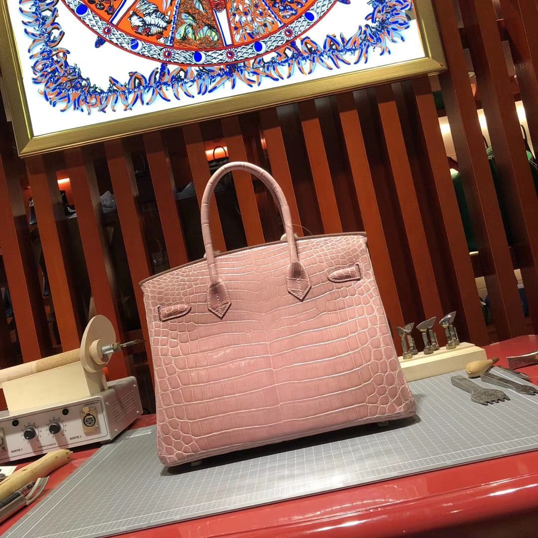 爱马仕Birkin女包 Hermes樱花粉御用尼罗鳄鱼皮Birkin30铂金包 金扣
