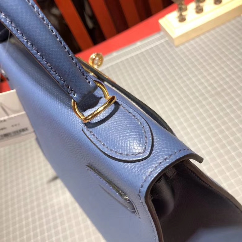 爱马仕凯莉包价格 Hermes Kelly28cm R2玛瑙蓝epsom牛皮 配限量款编织肩带