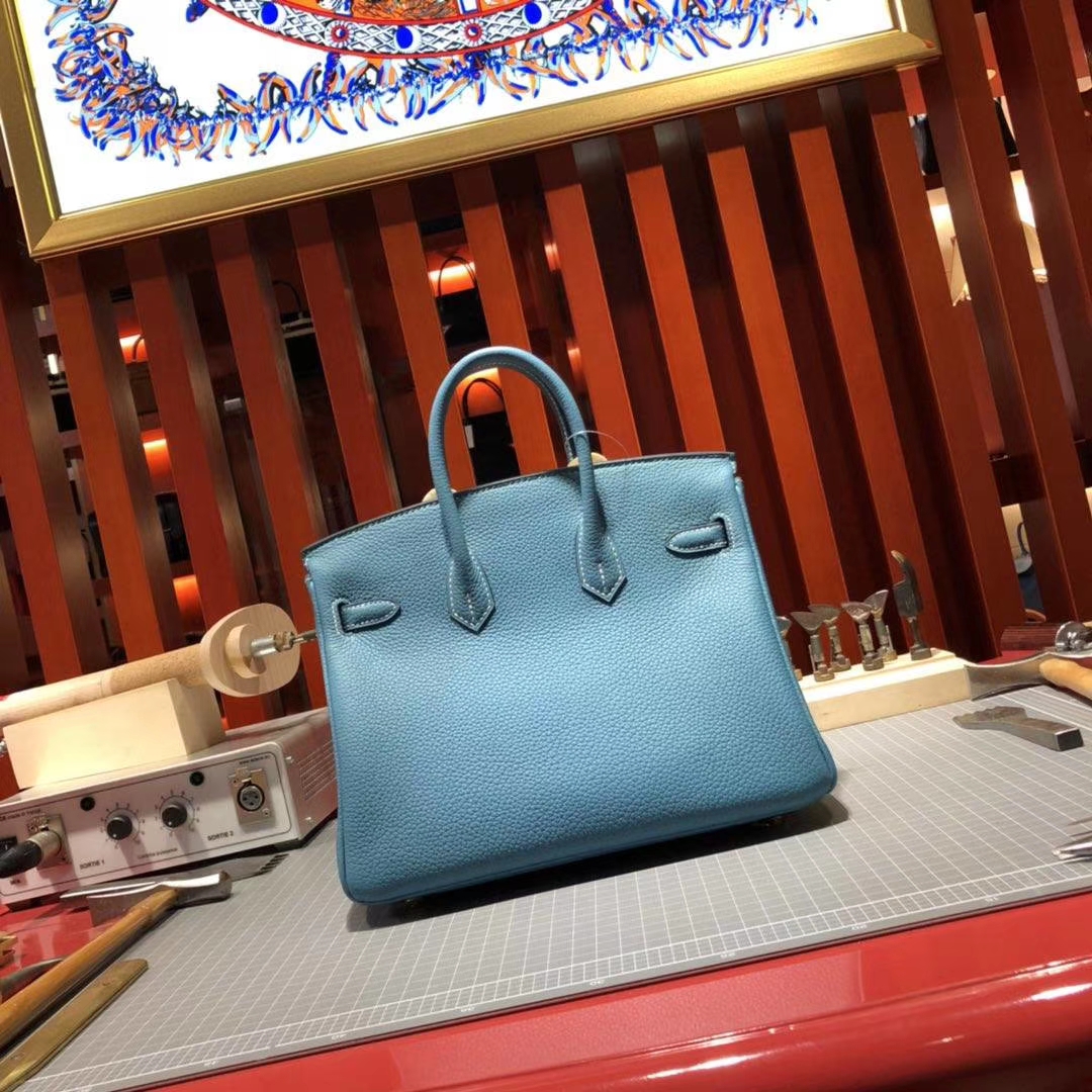 Hermes Birkin25CM 爱马仕75牛仔蓝原厂Togo牛皮铂金包 金扣