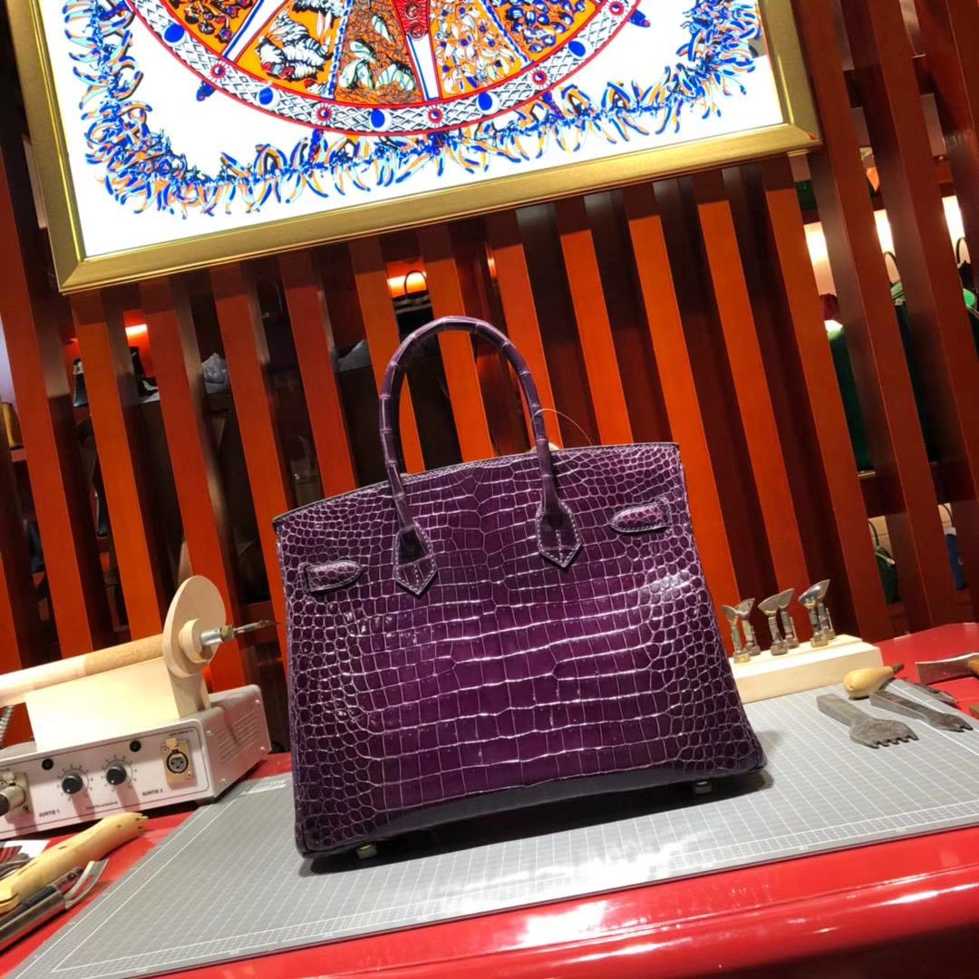 爱马仕Birkin30铂金包 Hermes亮面倒V湾鳄鱼皮 3W葡萄紫 金扣