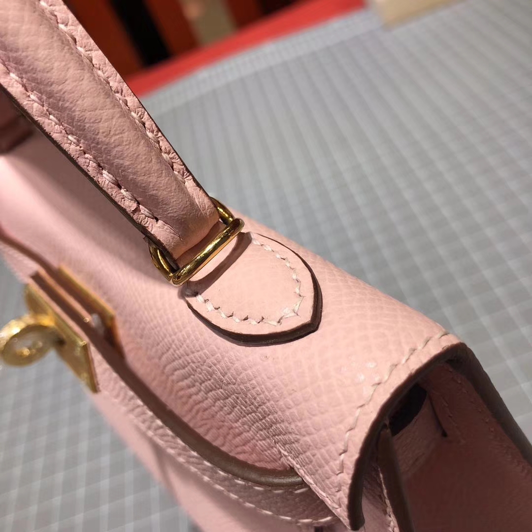 爱马仕迷你凯莉包2代 Hermes Minikelly-2 3Q粉色Epsom牛皮 金扣