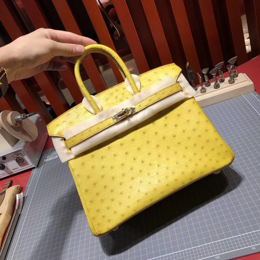 爱马仕Birkin25铂金包 Hermes柠檬黄顶级KK鸵鸟皮铂金包 金扣