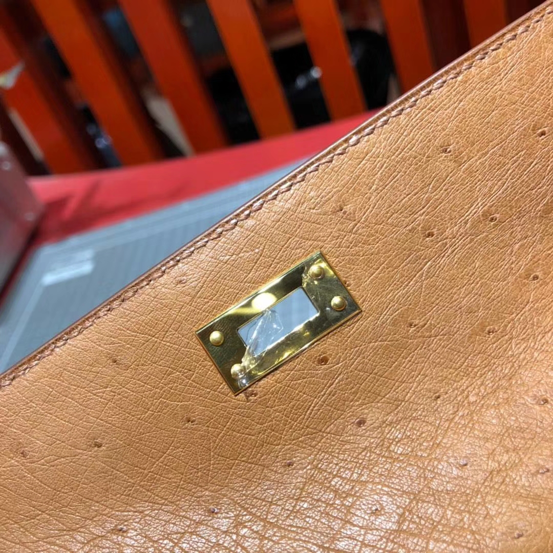 爱马仕包包官网 Hermes Minikelly Pochette 太阳黄顶级鸵鸟皮迷你凯莉包 金扣