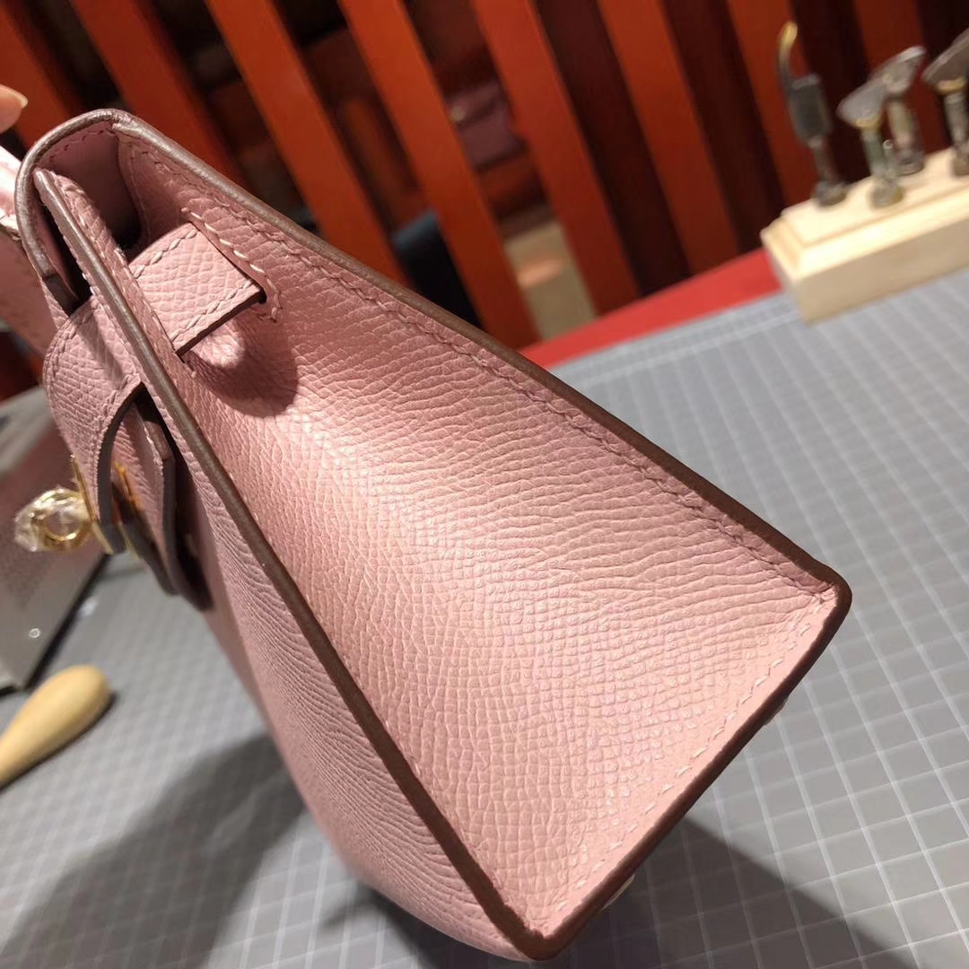 爱马仕迷你凯莉包2代 Hermes Minikelly-2 3Q粉色Epsom牛皮 金扣