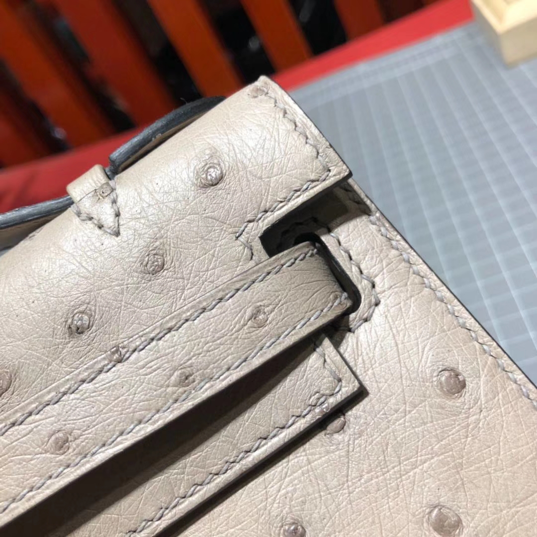 Hermes Minikelly Pochette22cm 爱马仕冰川灰顶级鸵鸟皮迷你凯莉包 金扣