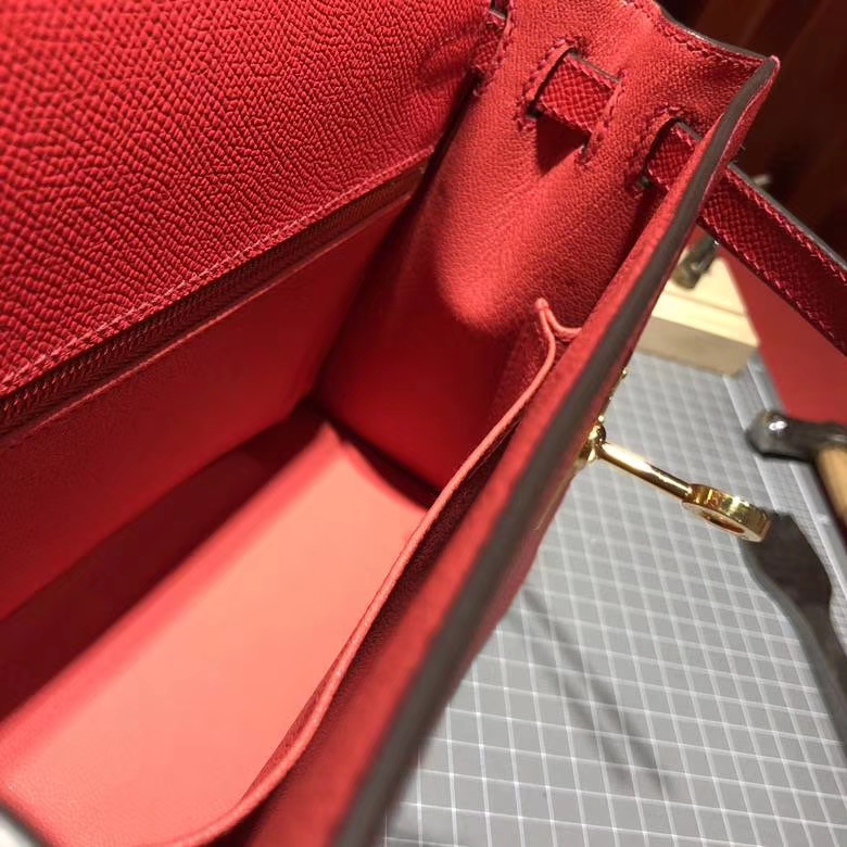 爱马仕凯莉包 Hermes Kelly25CM Q5国旗红Epsom皮 配新款Tressage Cuir肩带