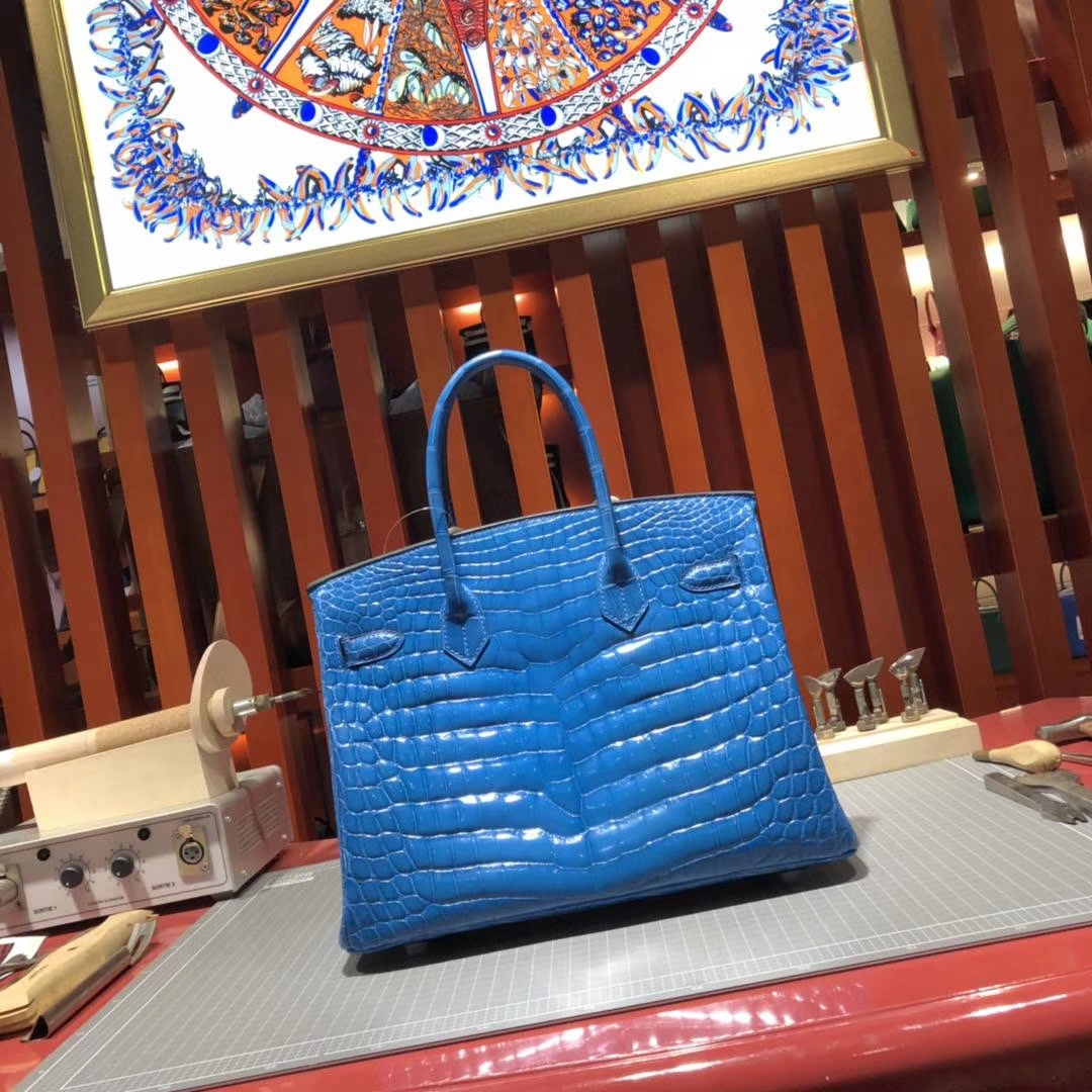 Hermes包包官网 爱马仕7W伊兹密尔蓝亮面鳄鱼皮铂金包Birkin30CM 金扣