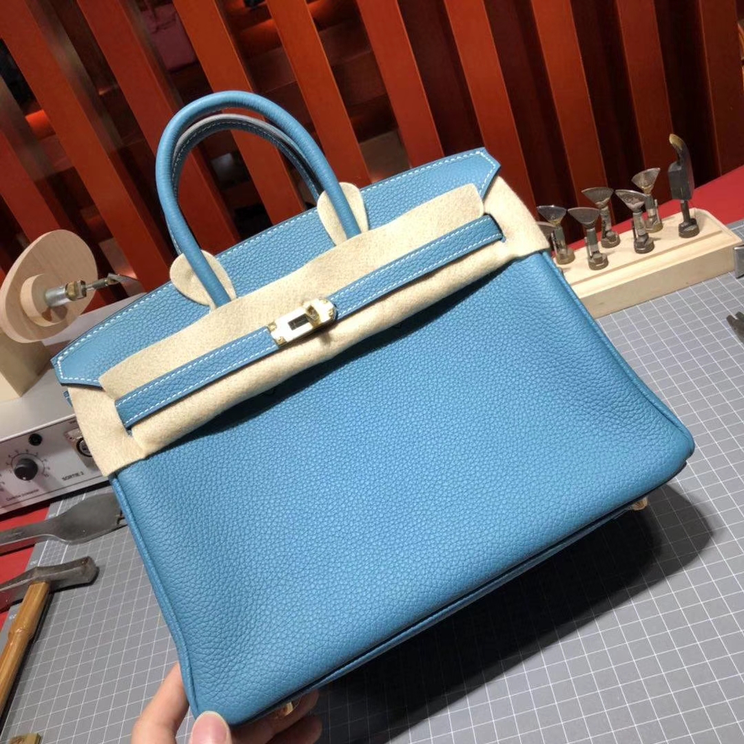 Hermes Birkin25CM 爱马仕75牛仔蓝原厂Togo牛皮铂金包 金扣
