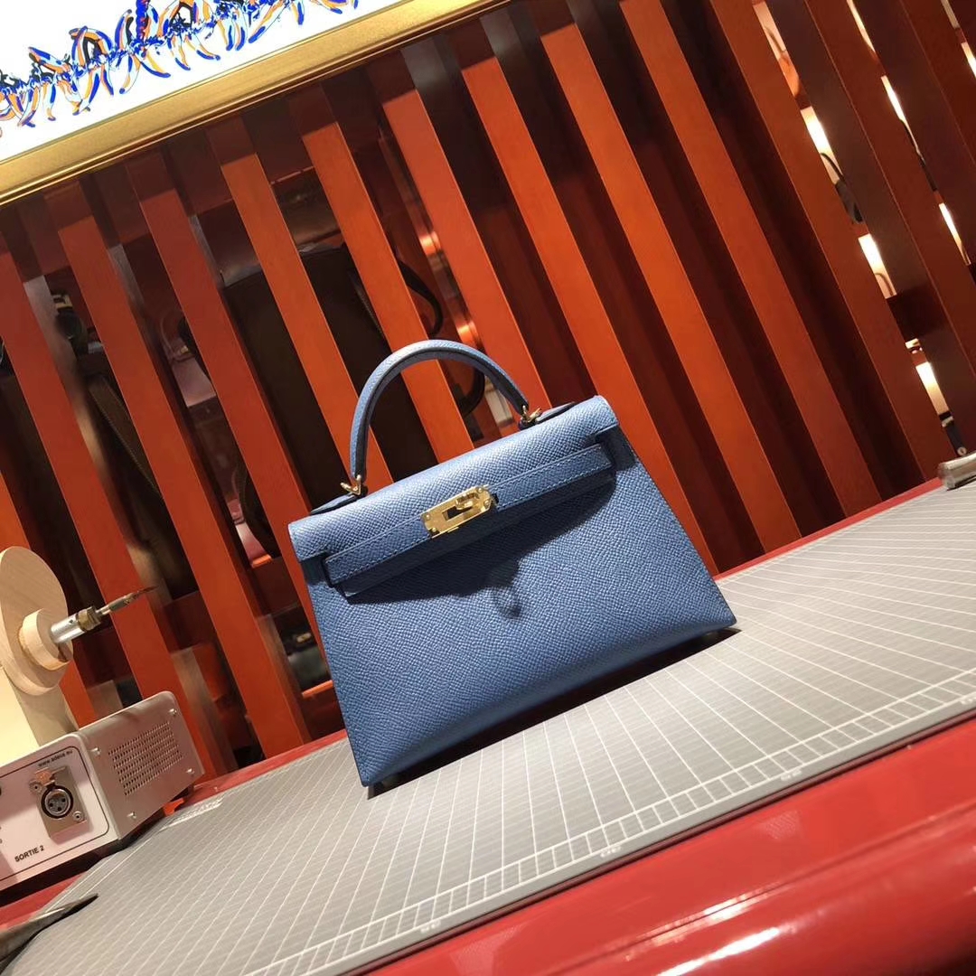 Hermes Minikelly2代 爱马仕玛瑙蓝顶级掌纹牛皮迷你凯莉包2代 金扣