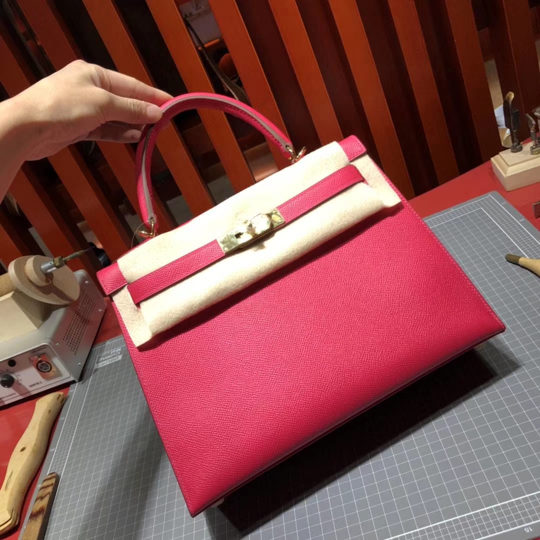 爱马仕凯莉包价格 Hermes Kelly28CM 极度粉原厂Epsom牛皮 金扣