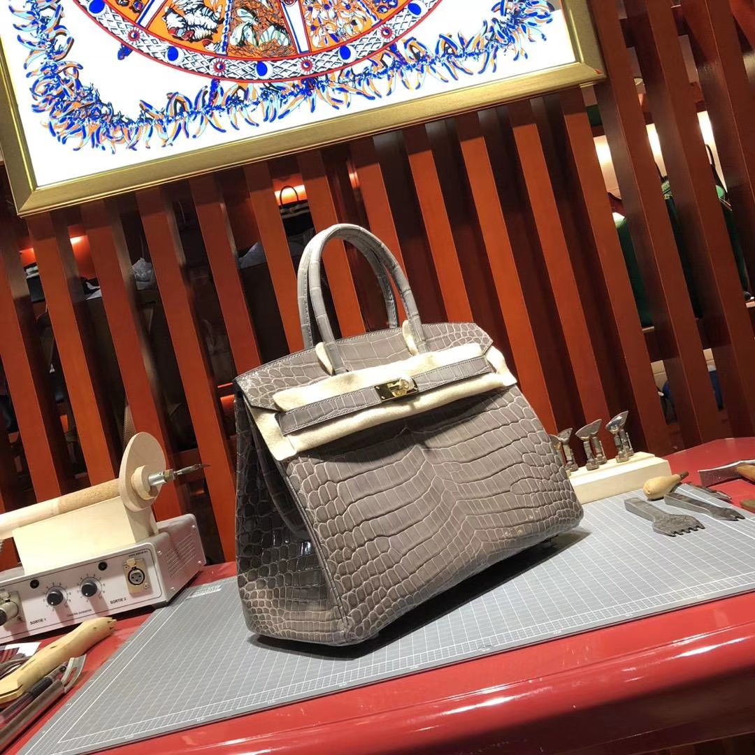 爱马仕Birkin女包 Hermes御用尼罗鳄鱼皮铂金包Birkin30CM 81斑鸠灰 金扣