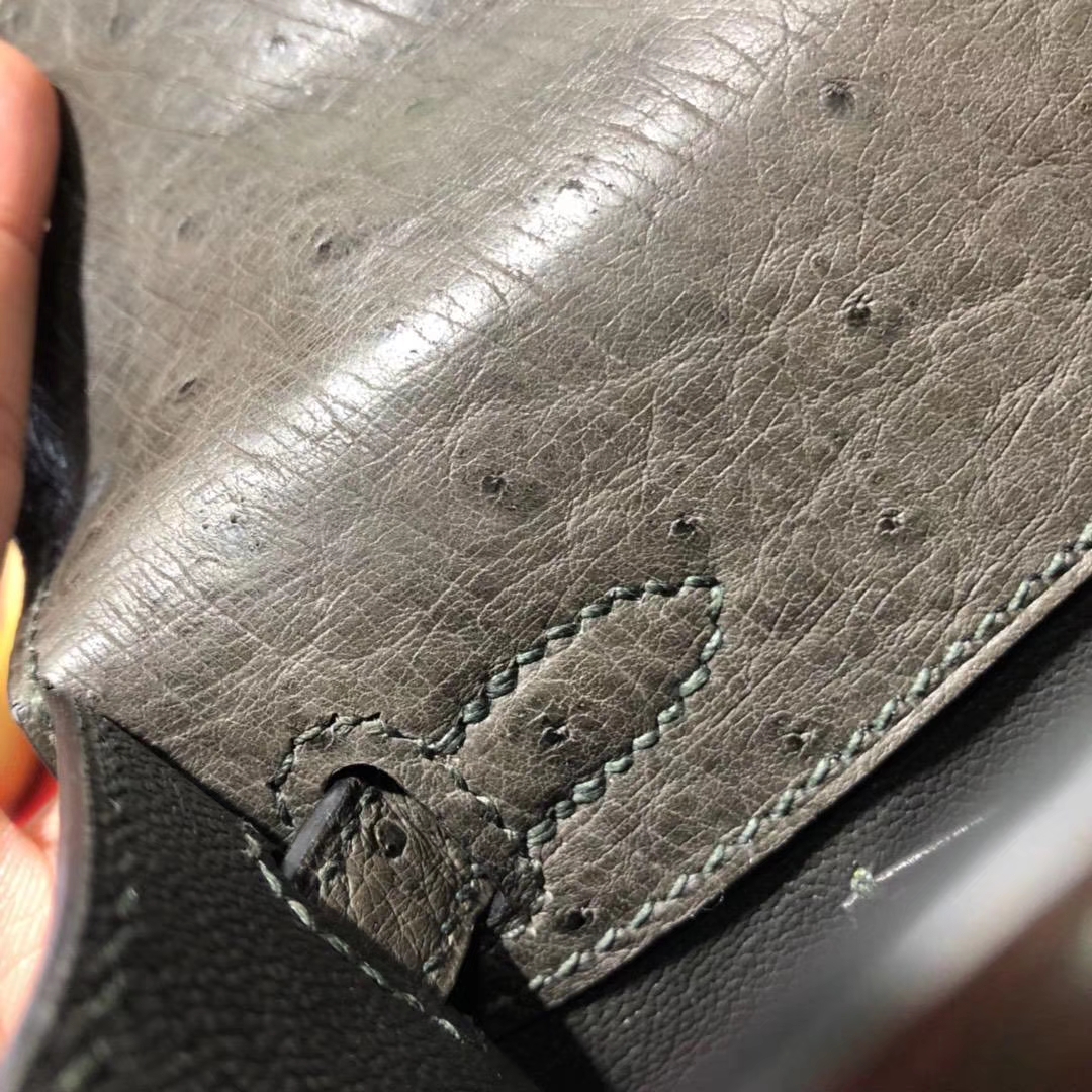 Hermes Minikelly22cm 爱马仕顶级鸵鸟皮迷你凯莉包晚宴包 铁灰色 金扣