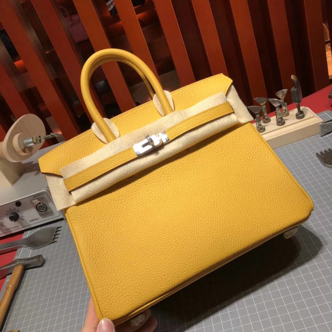 爱马仕Birkin包包 Hermes原厂Togo牛皮铂金包25CM 9D琥珀黄 银扣