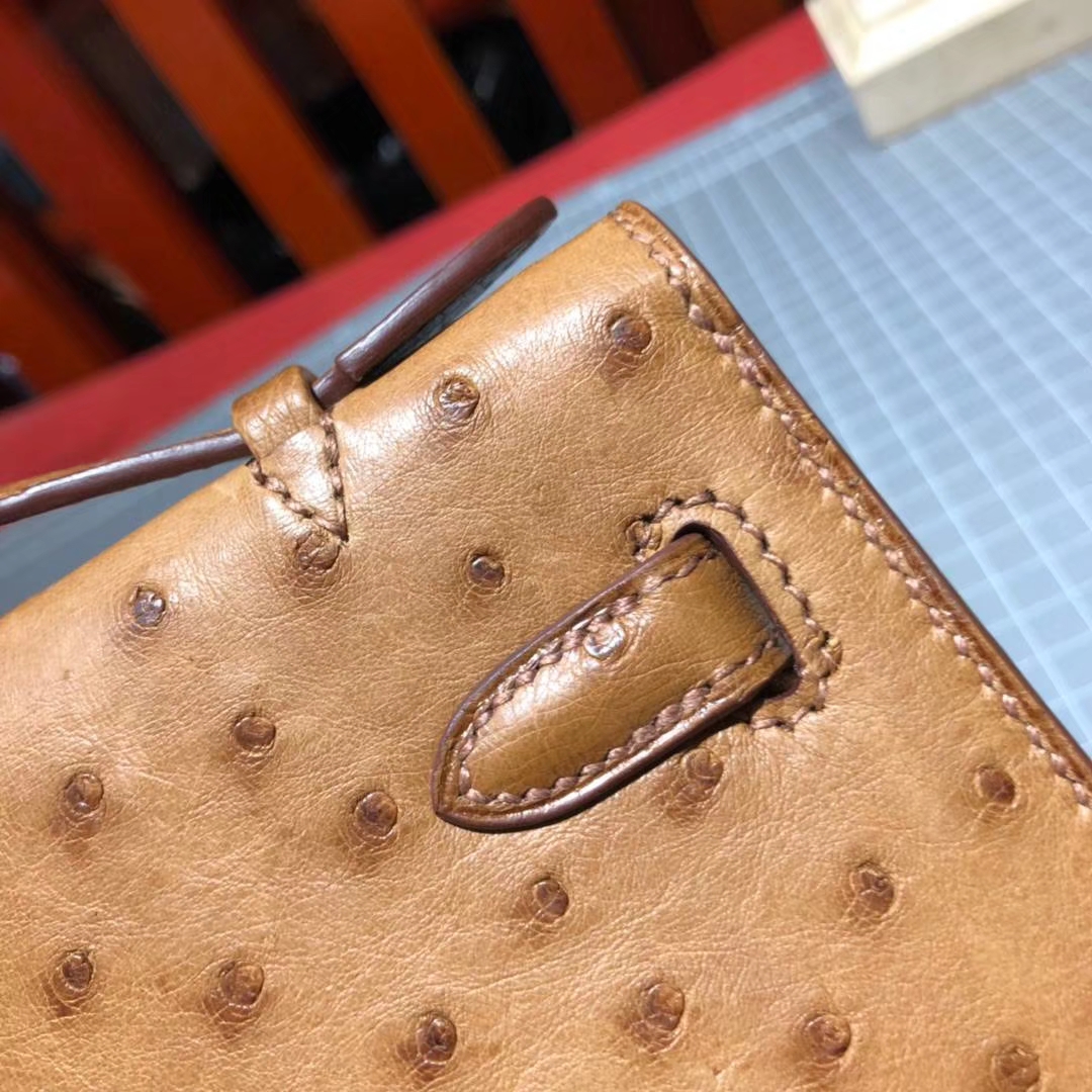 爱马仕包包官网 Hermes Minikelly Pochette 太阳黄顶级鸵鸟皮迷你凯莉包 金扣