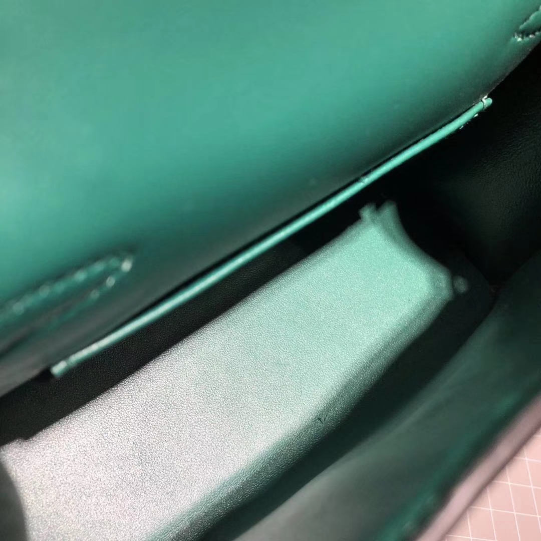 爱马仕Minikelly手包 Hermes孔雀绿原厂掌纹牛皮迷你凯莉包2代 金扣