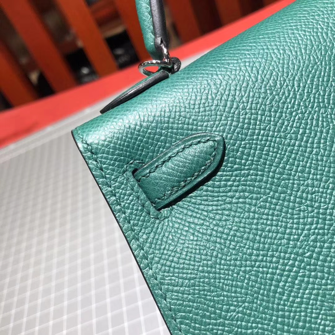 Hermes Minikelly2代 爱马仕原厂Epsom牛皮迷你凯莉包19CM 孔雀绿 银扣