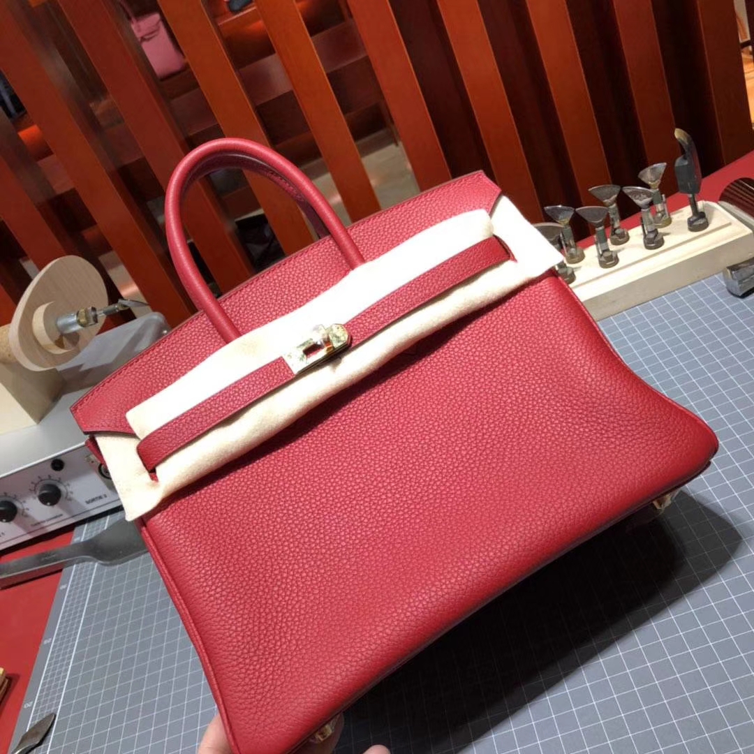 爱马仕铂金包尺寸 Hermes原厂Togo牛皮Birkin25CM Q5中国红 金扣