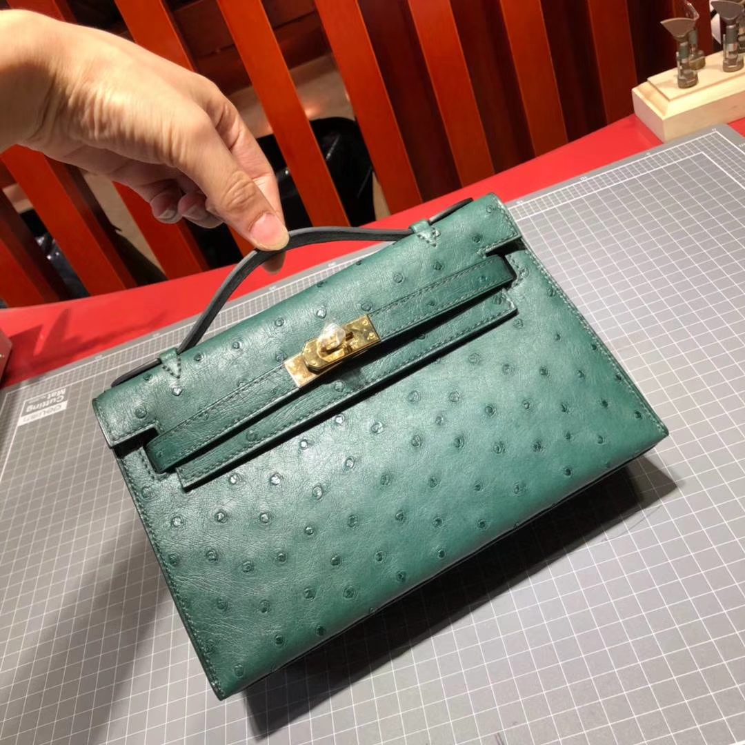 爱马仕Minikelly手包 Hermes孔雀绿原厂鸵鸟皮手缝蜡线迷你凯莉包 金扣