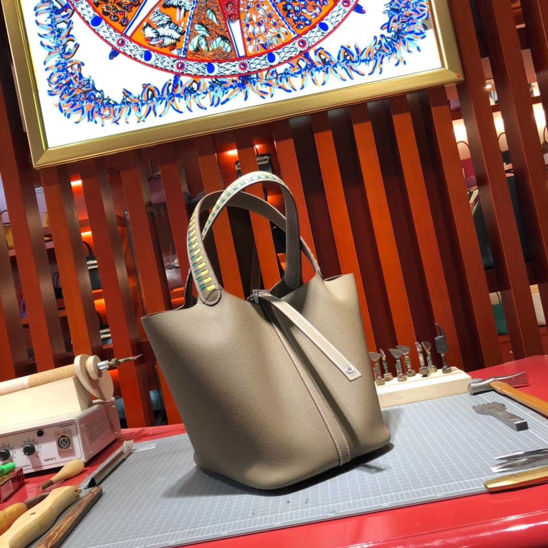 爱马仕菜篮子包 Hermes Picotin22CM 大象灰Epsom牛皮编织手柄水桶包