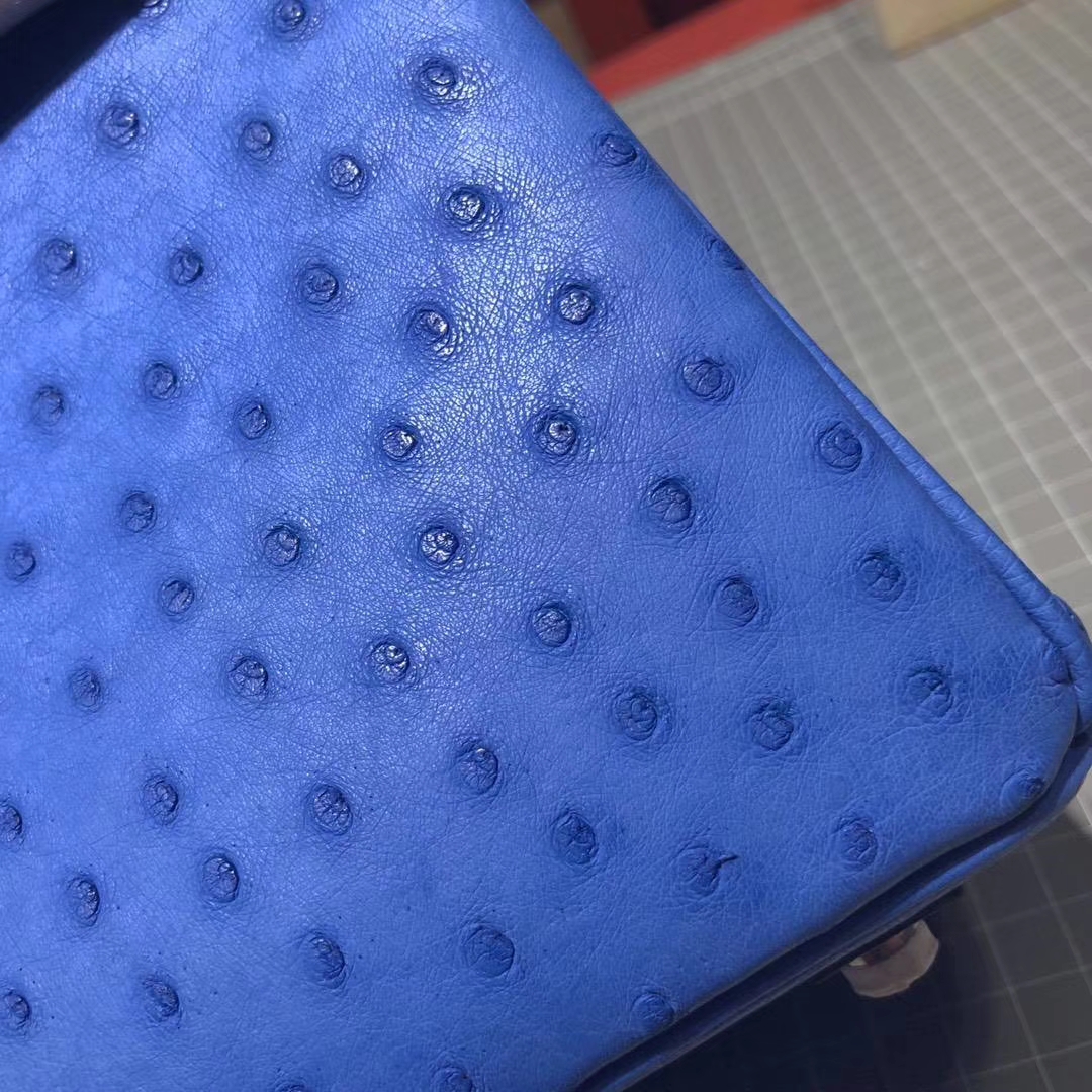 爱马仕Birkin女包 Hermes希腊蓝顶级KK鸵鸟皮铂金包Birkin25CM 银扣