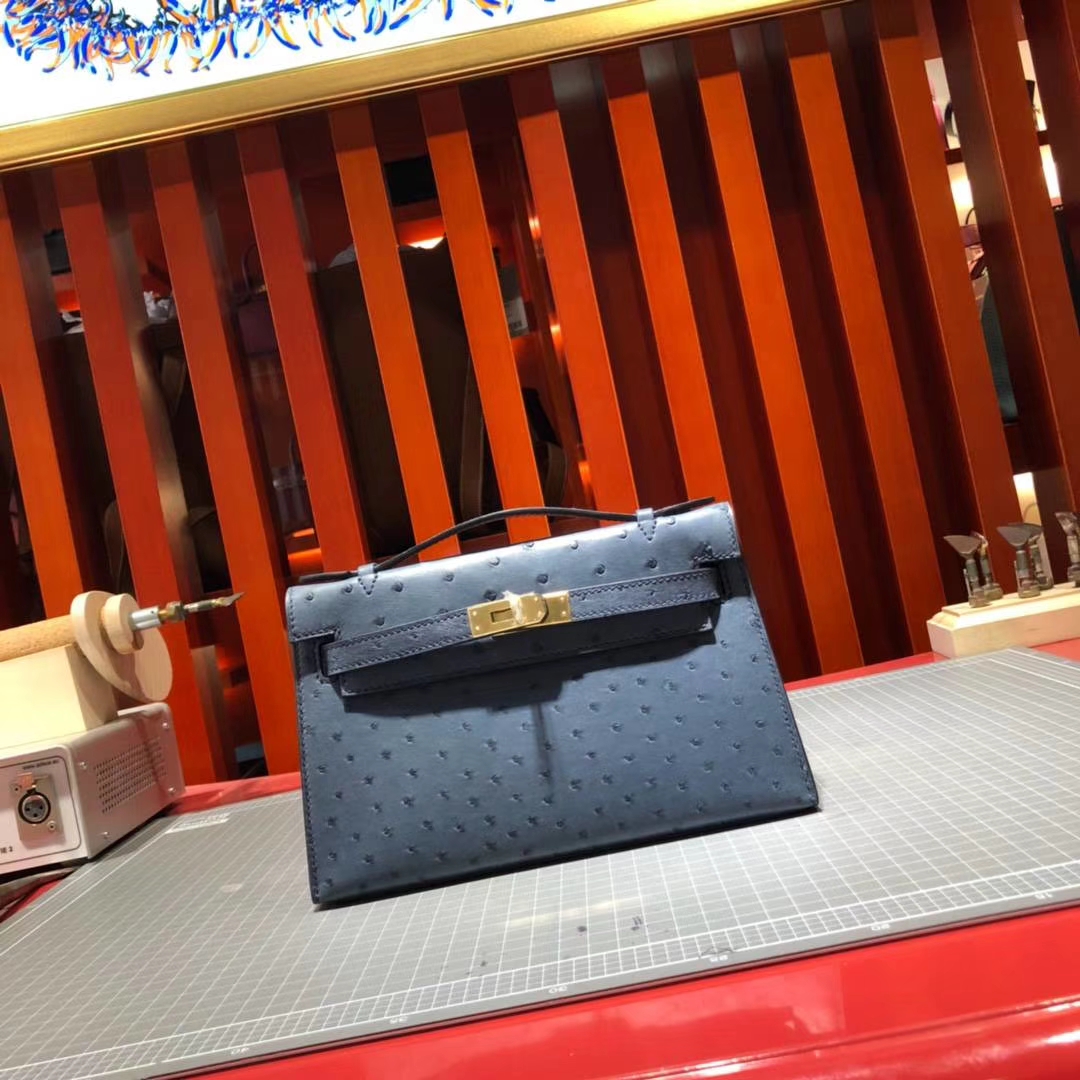 爱马仕Minikelly手包  Hermes风暴蓝顶级鸵鸟皮迷你凯莉包22cm 金扣
