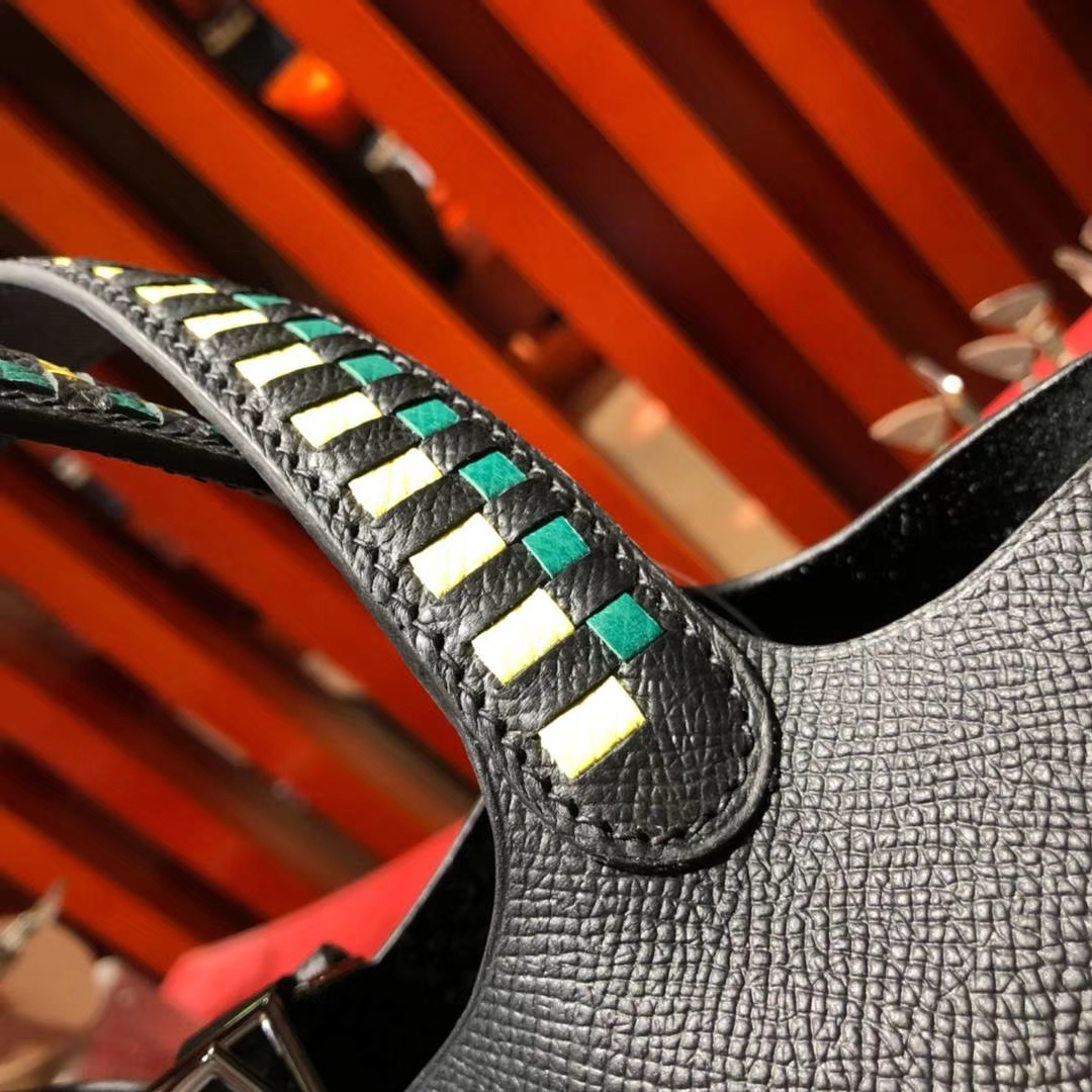 爱马仕限量版编织手柄菜篮子包 Hermes Picotin18CM 黑色Epsom牛皮