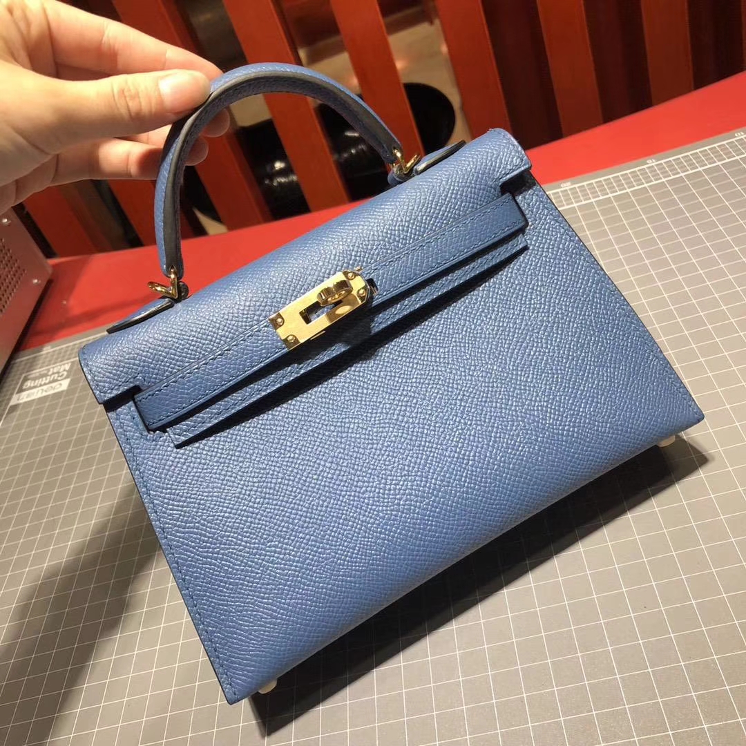 Hermes Minikelly2代 爱马仕玛瑙蓝顶级掌纹牛皮迷你凯莉包2代 金扣
