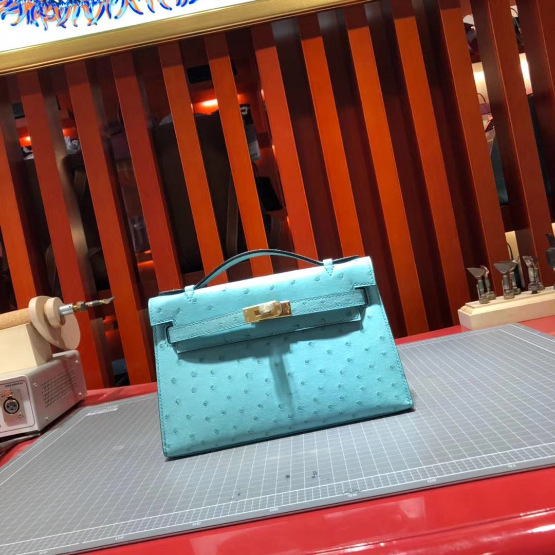 顶级工艺 Hermes爱马仕原厂鸵鸟皮Minikelly迷你凯莉包22cm 3P马卡龙蓝 金扣