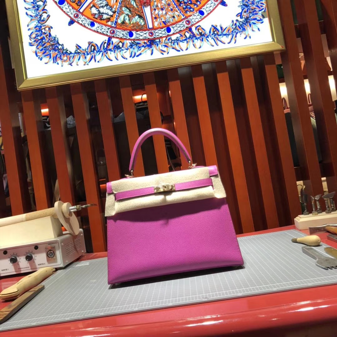爱马仕凯莉包尺寸 Hermes Kelly25CM 玉兰紫原厂Epsom牛皮 金扣