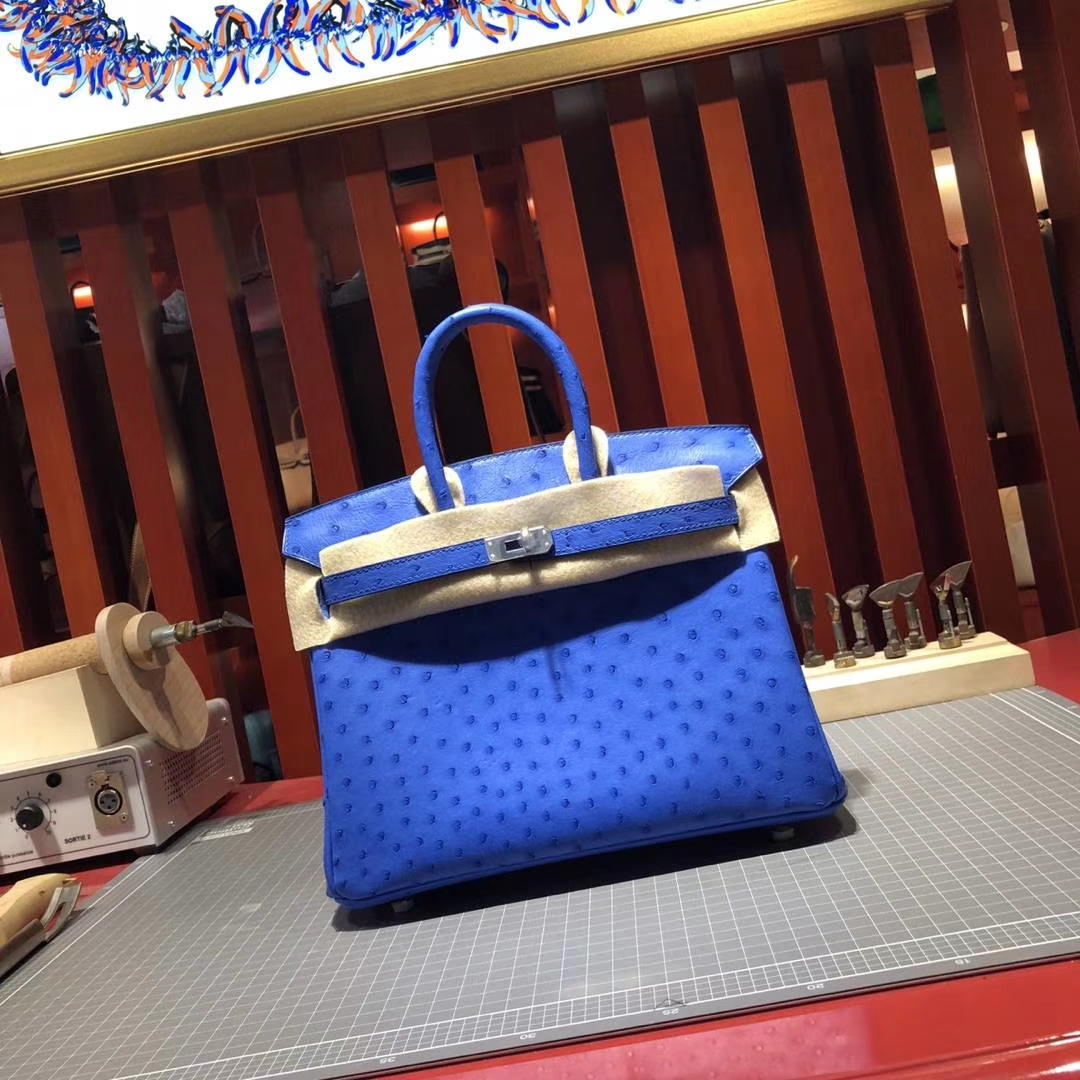爱马仕Birkin女包 Hermes希腊蓝顶级KK鸵鸟皮铂金包Birkin25CM 银扣