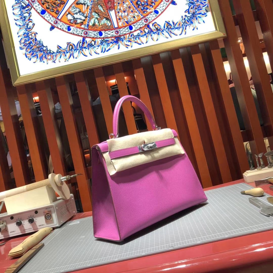 Hermes Kelly28CM 爱马仕玉兰紫原厂Epsom牛皮凯莉包 银扣