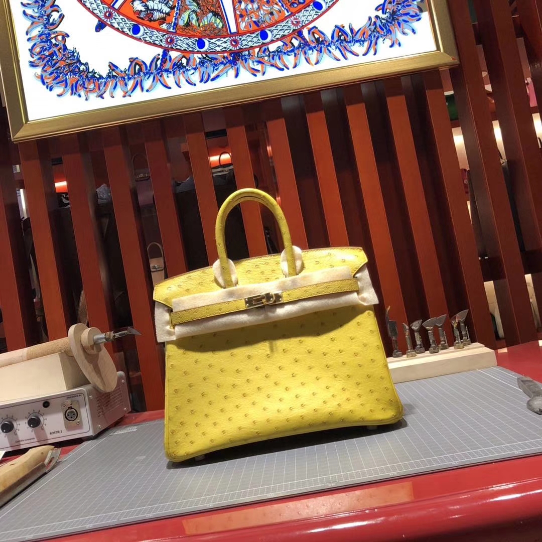 爱马仕Birkin25铂金包 Hermes柠檬黄顶级KK鸵鸟皮铂金包 金扣