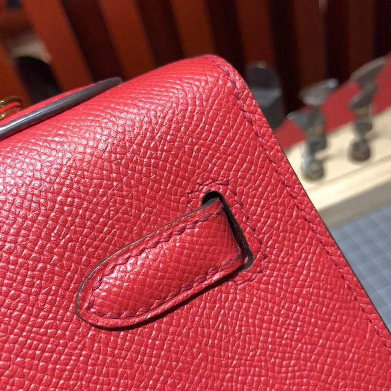 爱马仕凯莉包 Hermes Kelly25CM Q5国旗红Epsom皮 配新款Tressage Cuir肩带