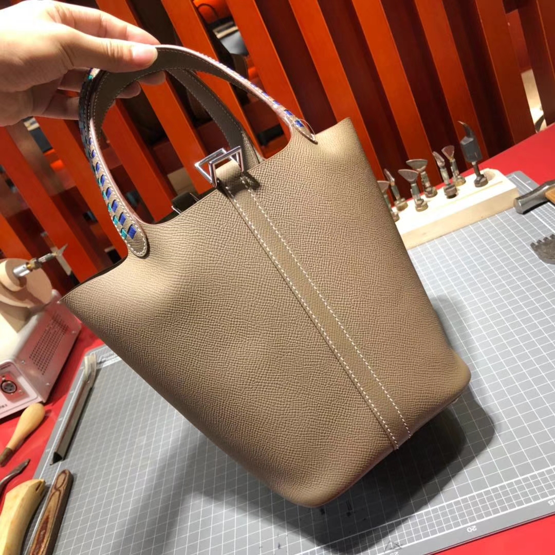 爱马仕菜篮子包 Hermes Picotin18CM 大象灰Epsom牛皮 限量版编织手柄